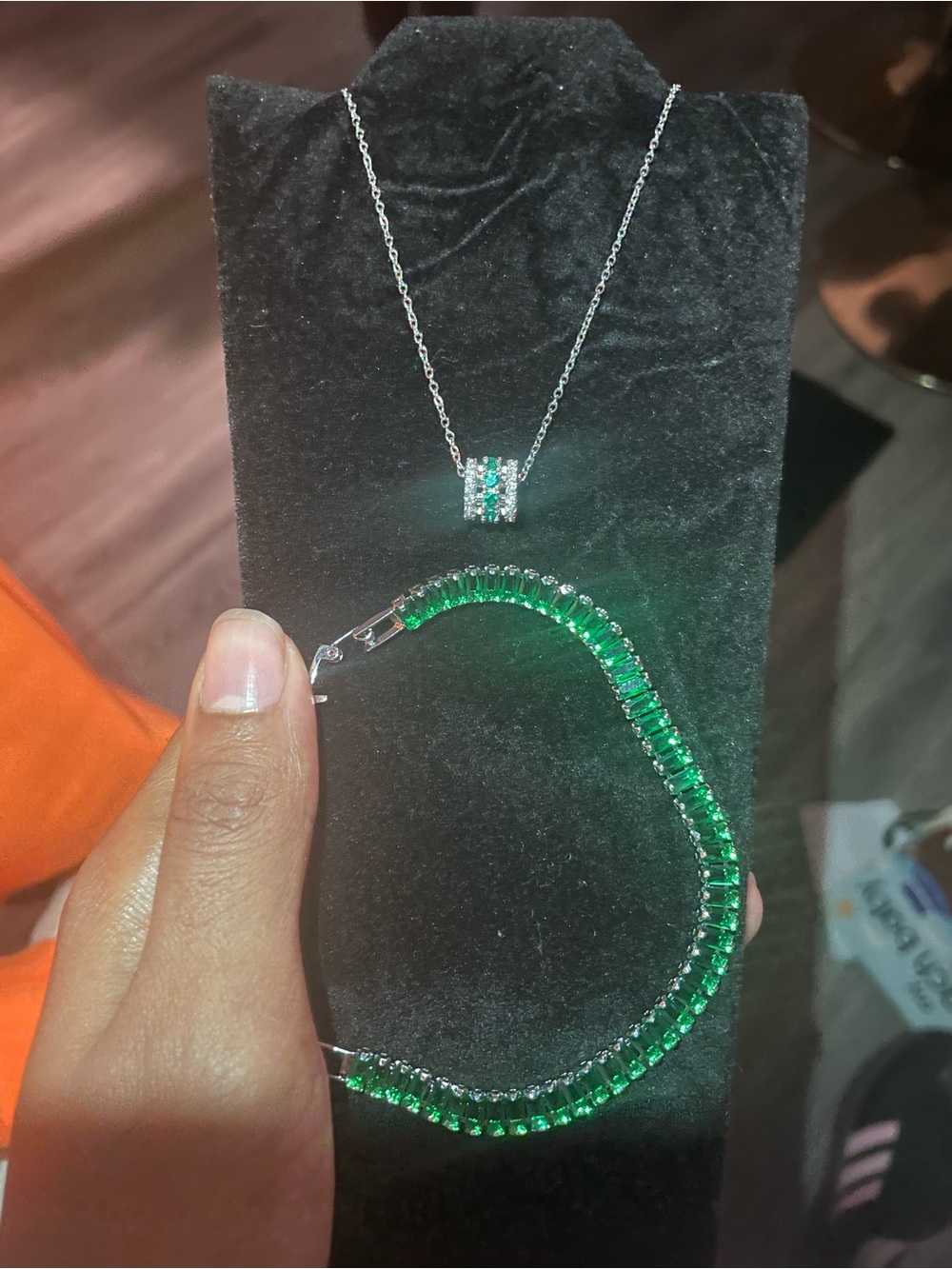 Green Crystal Tennis Bracelet and Pendant Necklace Set